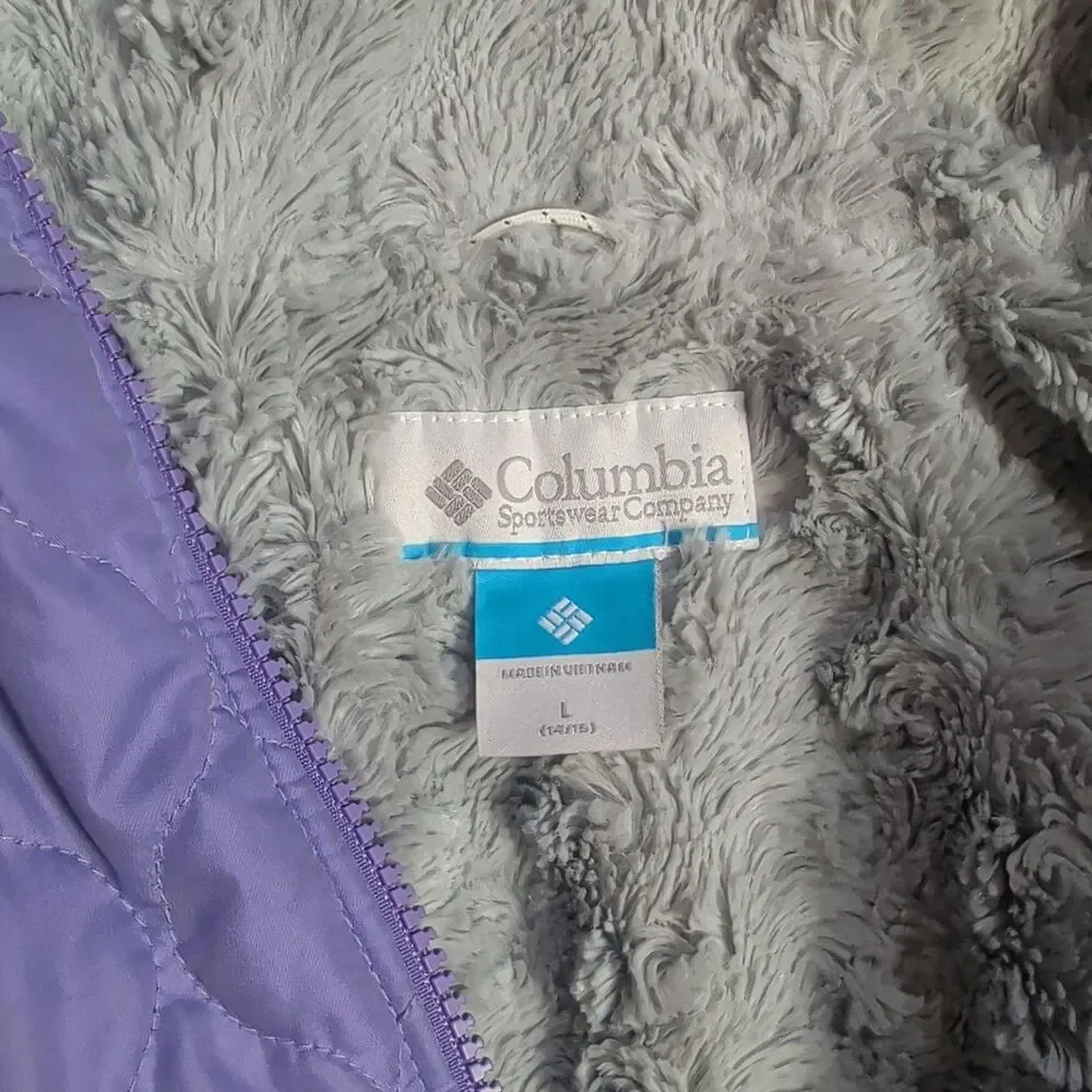 Columbia Jacket Girls L 14-16 Purple Quilted Fleece Lined Hooded Winter Coat